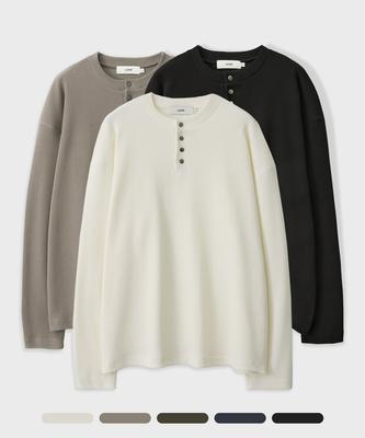 LEIRE [2 шт.] Вафельная футболка с длинным рукавом и воротником-хенли (Тип А)