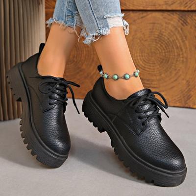 Женские туфли из кожи с круглым носком на шнуровке и массивном каблуке, ретро повседневные балетки на толстой подошве, обувь больших размеров для осени