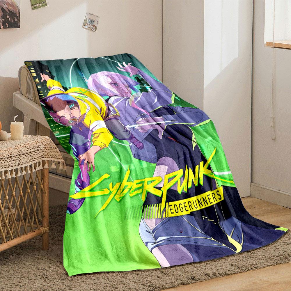 Two stylized characters in dynamic poses with neon-lit urban backdrop. for all seasons blanket lunch break throw gift