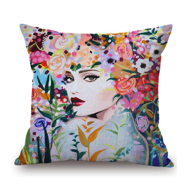 Modern Flower Head Girl Oil Painting Art Cotton Linen Sofa Throw Pillow Case Fashion Floral Lady Decoration Cushion Cover
