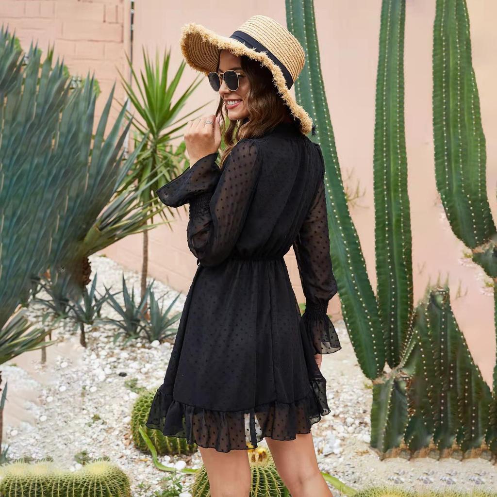 Женское повседневное платье трапециевидной формы длиной до колена с высокой талией и воротником-стойкой, весна-лето, с длинным рукавом, однотонное, с воротником-стойкой