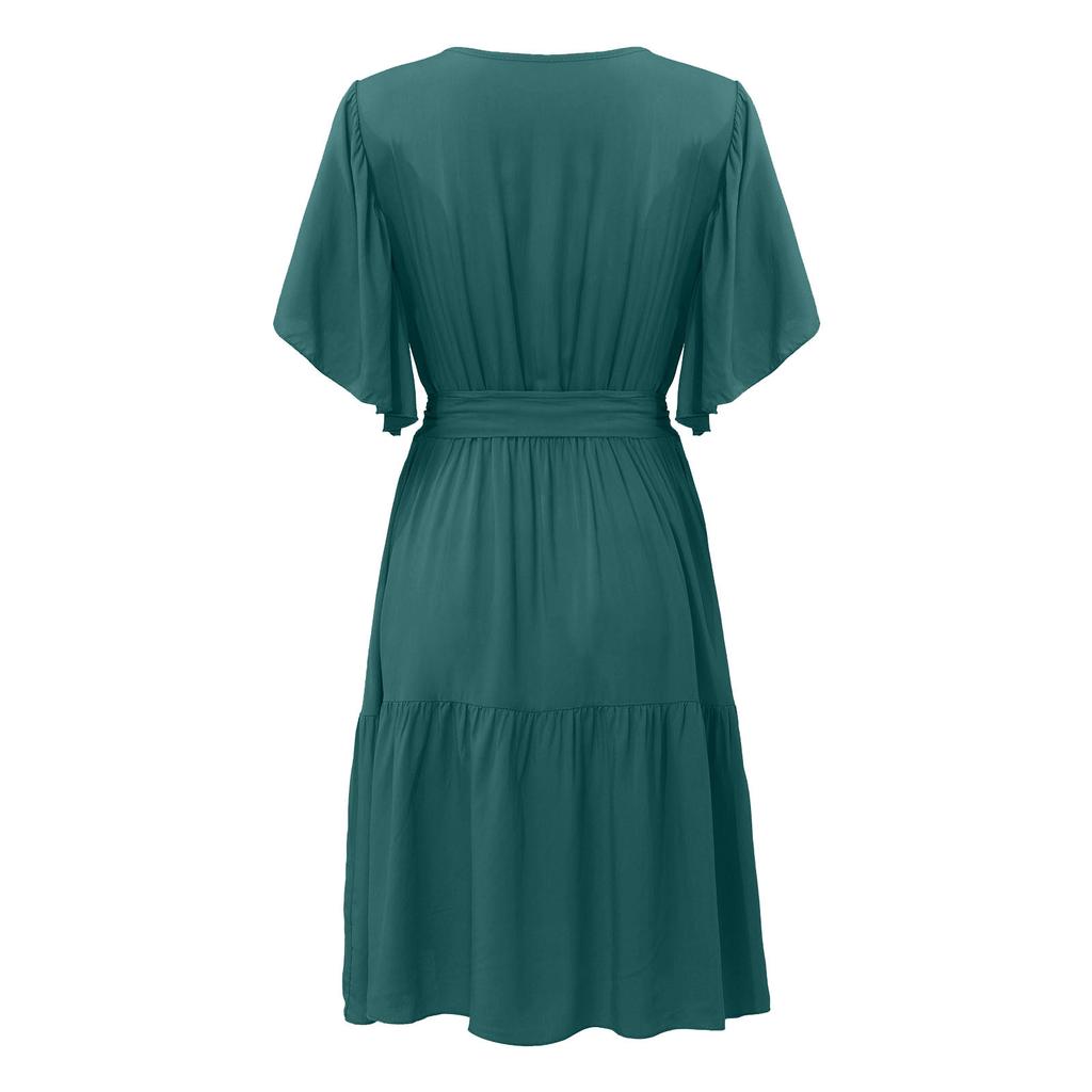 Модное женское однотонное повседневное платье с v-образным вырезом и коротким рукавом на талии