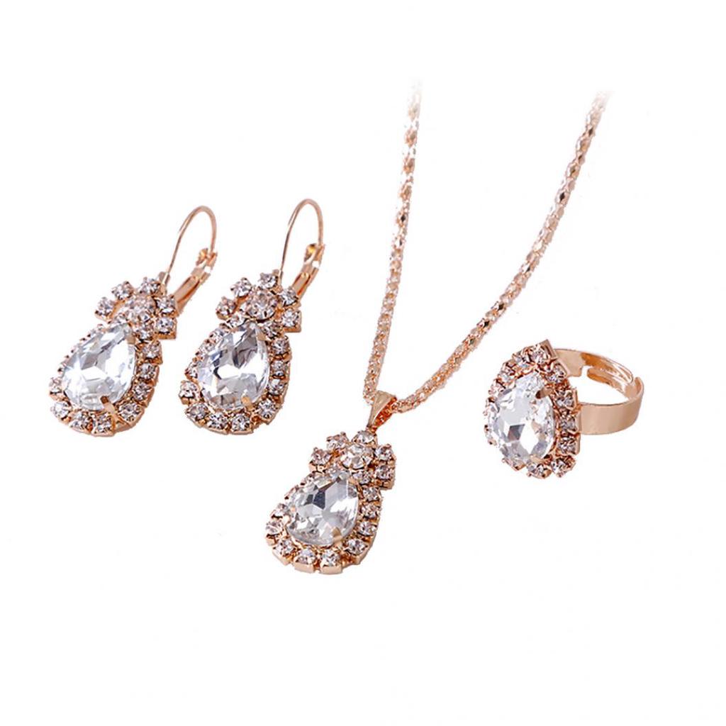 Fashion Waterdrop Shiny Rhinestones Necklace Ring Earrings Women Jewelry Set KTJ