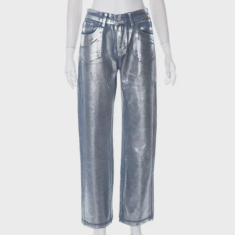 Европейские и американские женские джинсы прямого покроя с высокой талией и яркой серебристой отделкой на осень