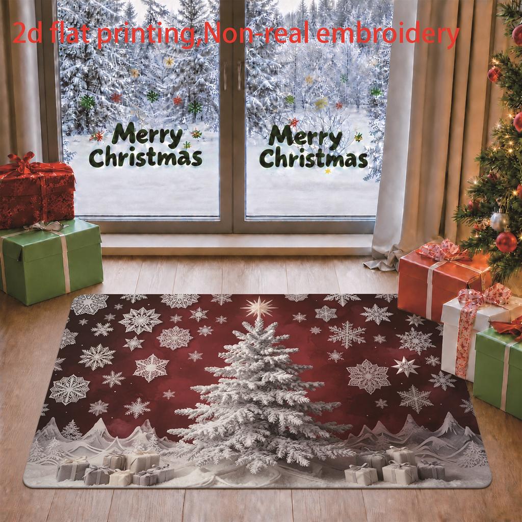 1pc, 2D Flat Printing, Burgundy Snowflake Christmas Tree Christmas Theme Indoor Living Room Mat, Colorful And Non-Slip, Machine Washable Carpet, Suita