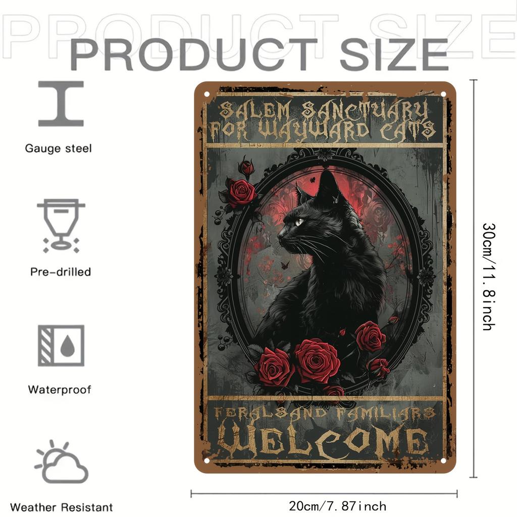 Приют Салем для заблудших кошек Винтажная металлическая вывеска, Железный настенный декор, Предварительно просверленная жестяная табличка с готическим