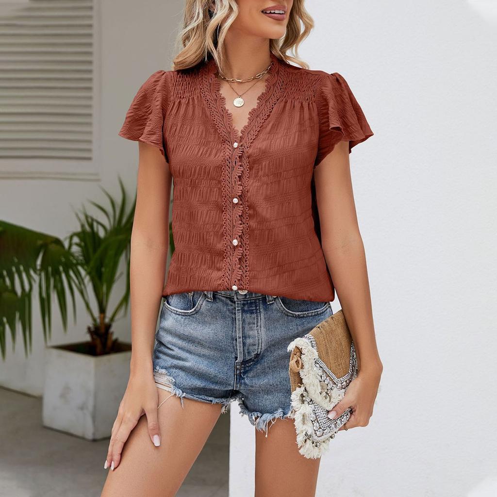 Женская модная кружевная блузка с коротким рукавом и V-образным вырезом, свободная, удобная женская блузка