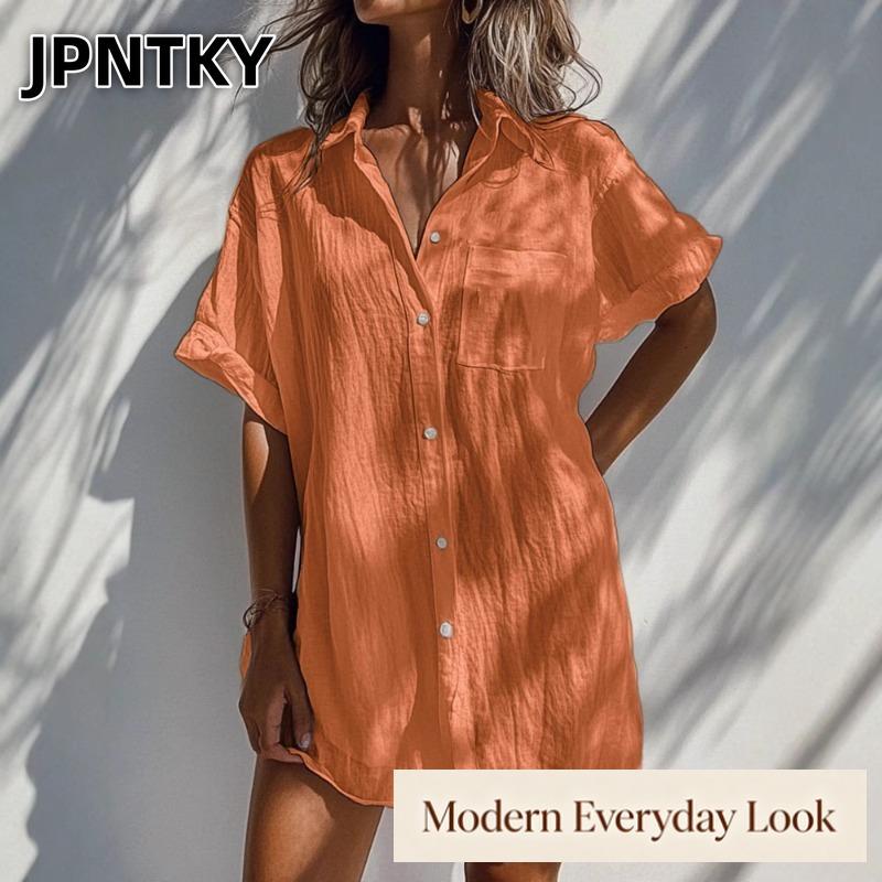 JPNTKY Модные летние весенние однотонные с принтом платья-поло с коротким рукавом повседневные