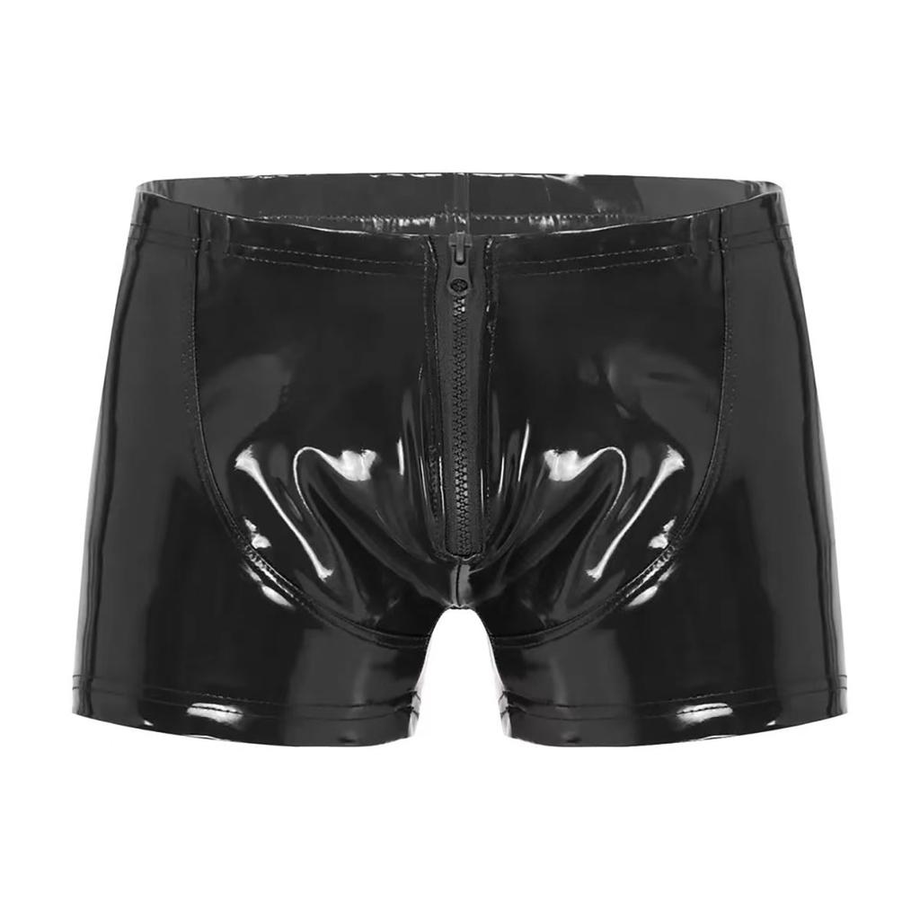5XL Mens Sexy Open Crotch Leather Short Pants For Sex Latex Shaping Sheath Fetish Boxer Leather Underpants Bulge Pouch Sexi