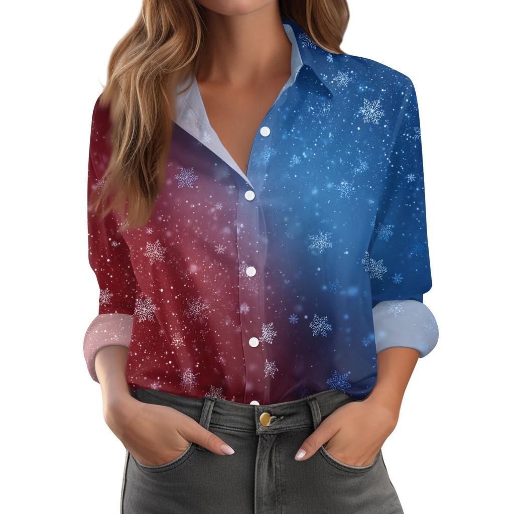 Women's Christmas Print Casual Half-Open Collar Long Sleeve Shirt