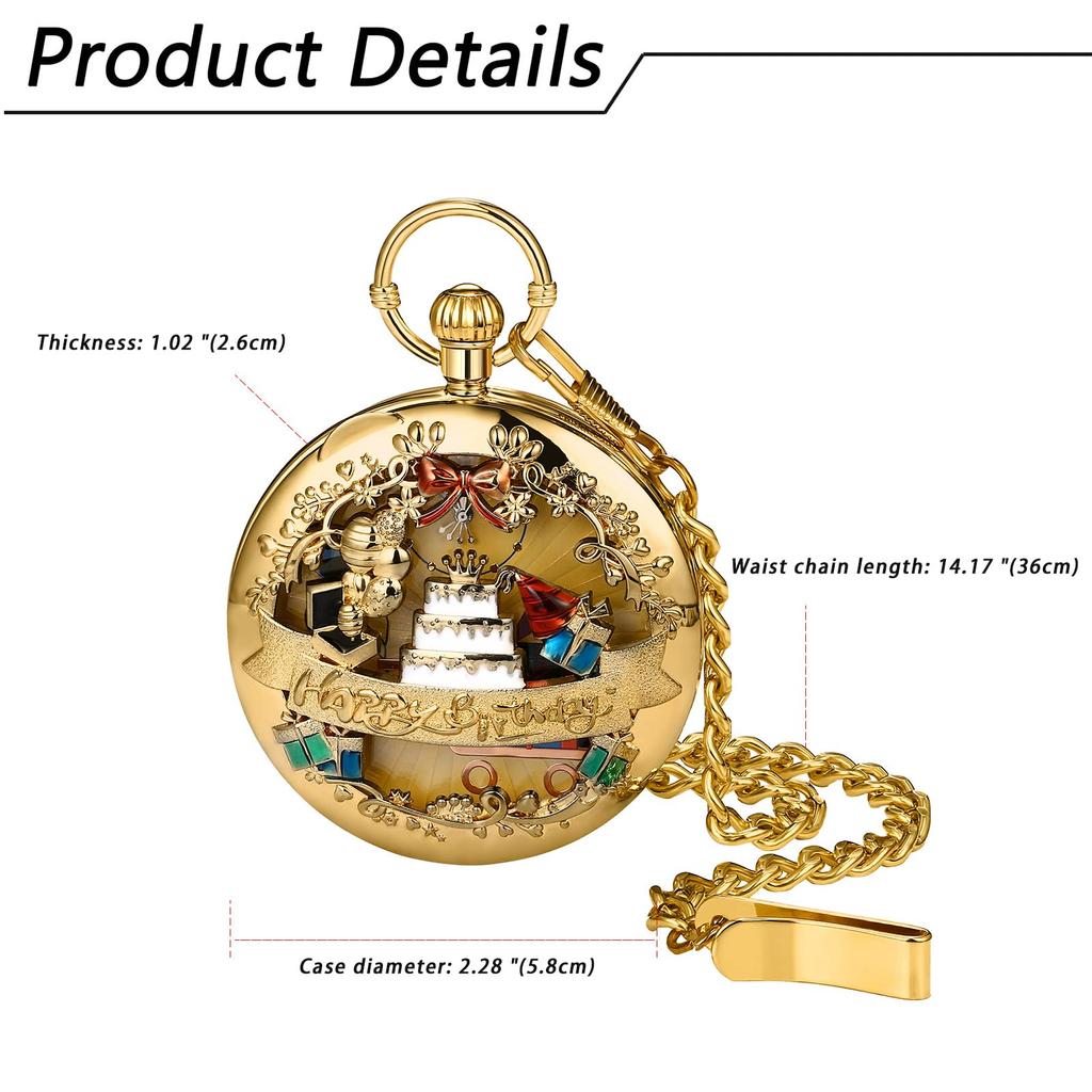 Music Box Pocket Watch Birthday Present Music Pocket Watch Birthday Song Watermark Engraving Analog with Lid Clip Chain Pocket Watch Cute Stylish Gold