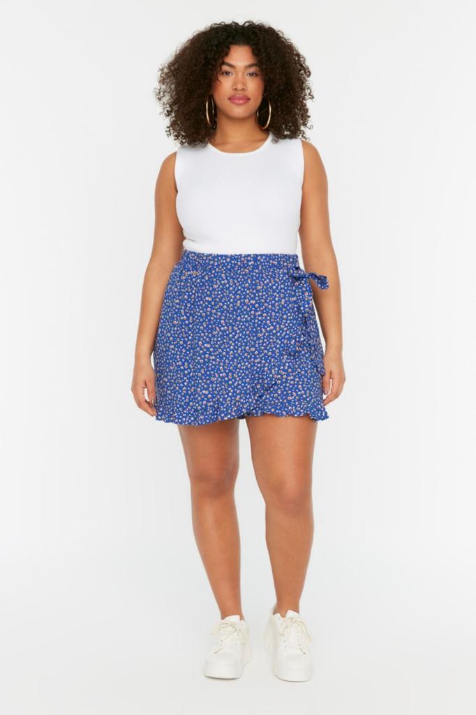 Women's Style Plus Size Navy Blue Floral Patterned Woven Tied Shorts Skirt