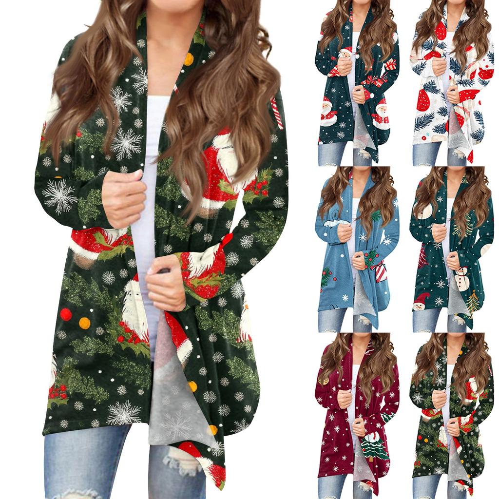 Women's Fashion Casual Christmas Print Medium Length Cardigan Jacket Coat