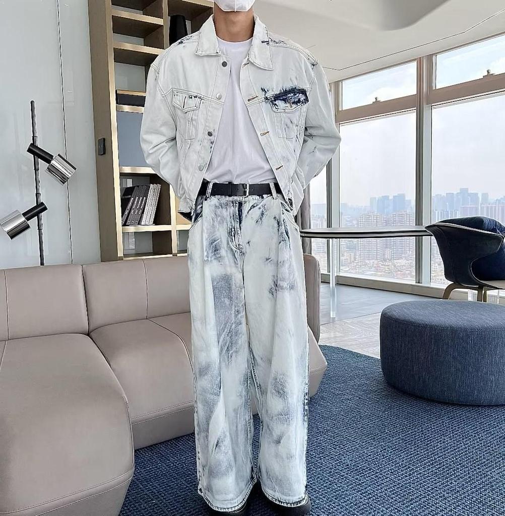 Men's Retro Tie-Dye Casual Suit: Loose Denim Jacket & Wide-Leg Trousers