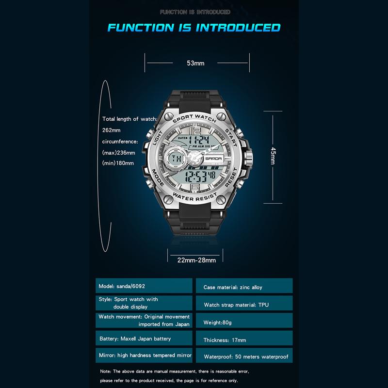 Новые модные мужские часы SANDA, спортивные ночные водонепроницаемые электронные часы, молодежные часы