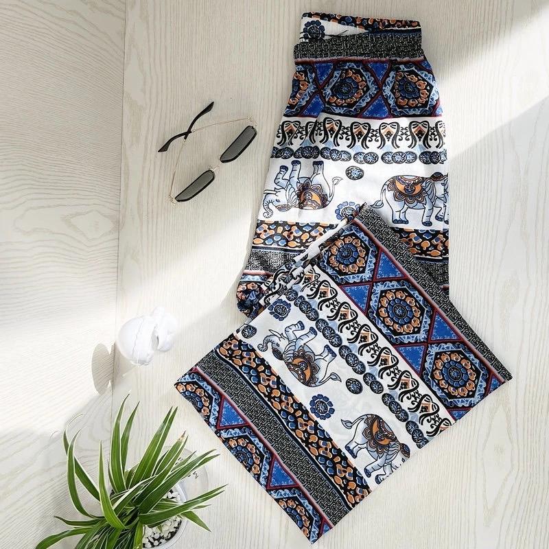 Long Elephant Pants Adjustable Elastic High Waistband Strap Loose Leg Women Print Thailand Casual Streetwear Beach Bohemian Retro Vintage