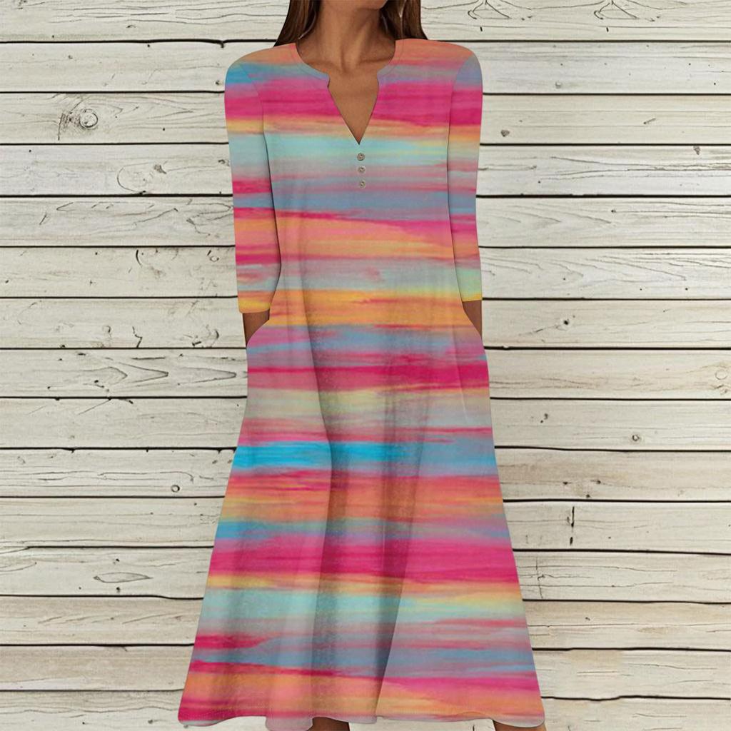 Женское летнее повседневное платье с V-образным вырезом на пуговицах, винтажным цветочным принтом, рукавом три четверти, длинное, с карманами