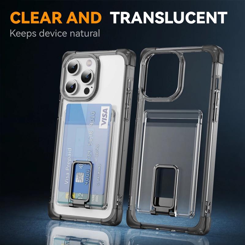 Shockproof Acrylic Card Slot Holder Clear Phone Case for iPhone 15 14 13 12 11 Pro Max 15Plus 14Plus Metal Kicstand Bumper Cover