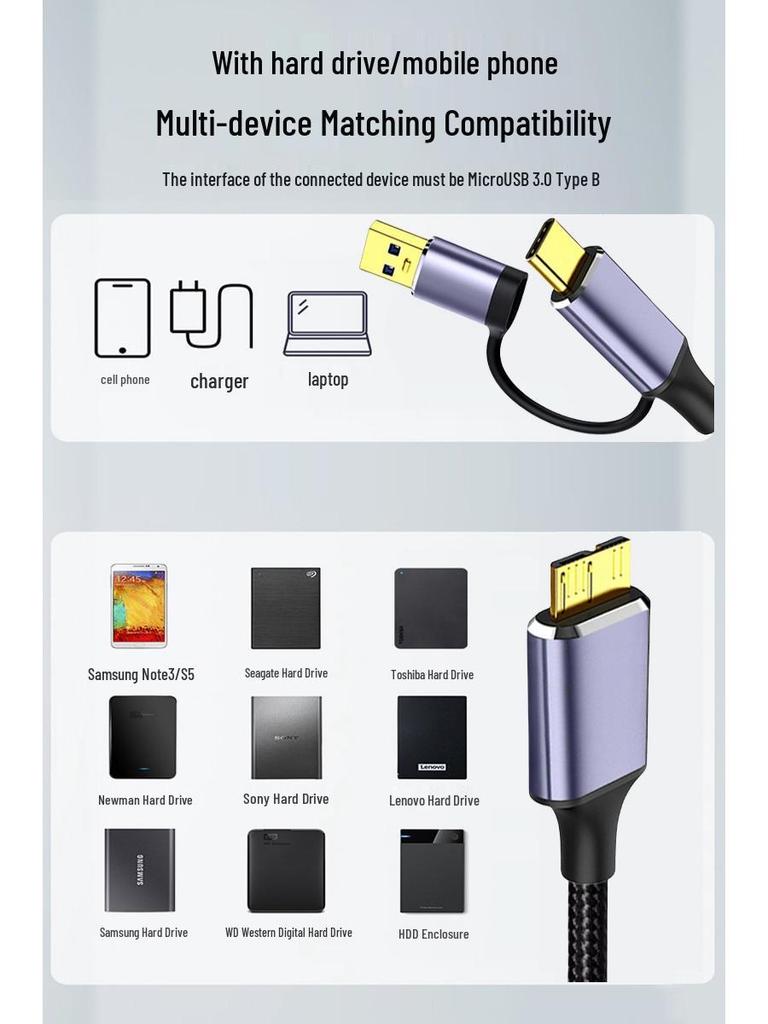 Type-C to Micro-B Multi-Function Data Cable for Mobile and Computer Connection