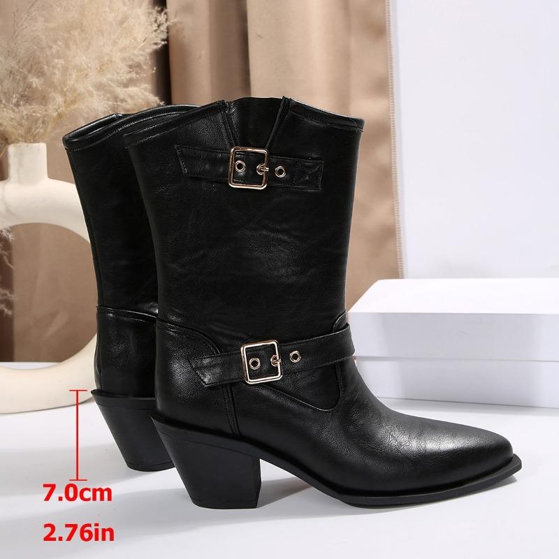 New Medium Boots Women's Pointed Wind Belt Buckle Knight Boots Sleeve Thick-soled Women's Boots