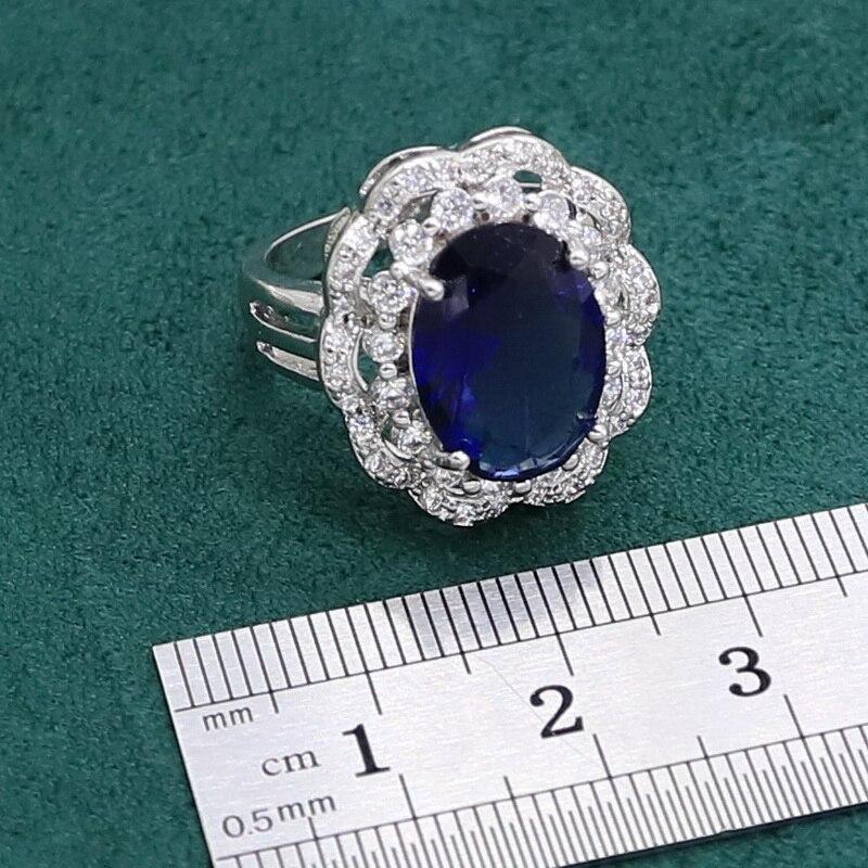 Синий сапфир серебряного цвета, комплект ювелирных изделий для женщин, свадебная вечеринка, браслет, серьги, ожерелье, кулон, кольцо, подарок на день рождения