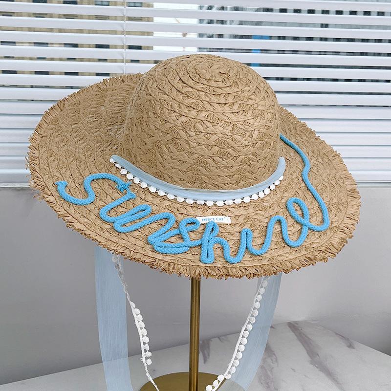 Mori vacation style niche design rough edge letter streamer straw hat straw bag travel vacation sunshade big brim beach hat