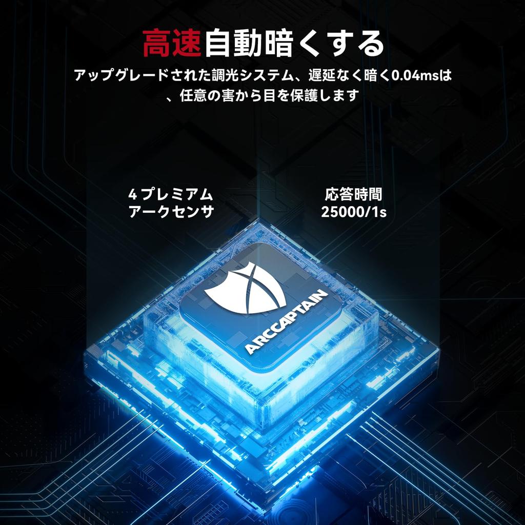 ARCCAPTAIN Сварочная область Автоматическое затемнение Диапазон затемнения 4/9-13 Возможна замена батареи