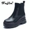 Fujin 8CM 2023 Genuine Leather Chelsea Chimney Ankle Autumn Winter Plush Warm Platform Mid Calf Booties Women Spring ROME Shoes
