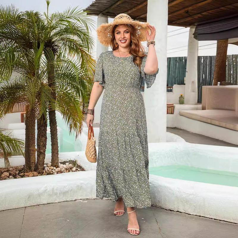 Новое повседневное платье для отпуска с цветочным принтом, круглым вырезом, коротким рукавом, миди-платьями