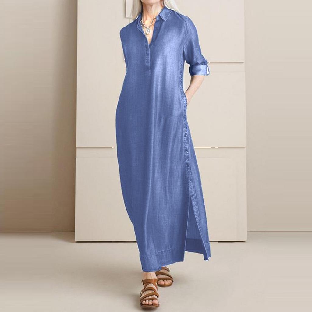 Women's Fashion Denim Dress New Shirt Collar Denim Button Long Skirt