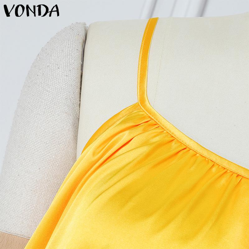VONDA Летнее женское безрукавное бретелька однотонное атласное повседневное пляжное свободное макси-плиссированное платье