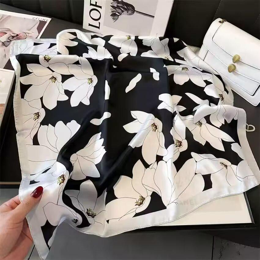 New white 71CM premium silk scarf women's neck protector scarf spring and autumn retro scarf shawl tied bag straight hair