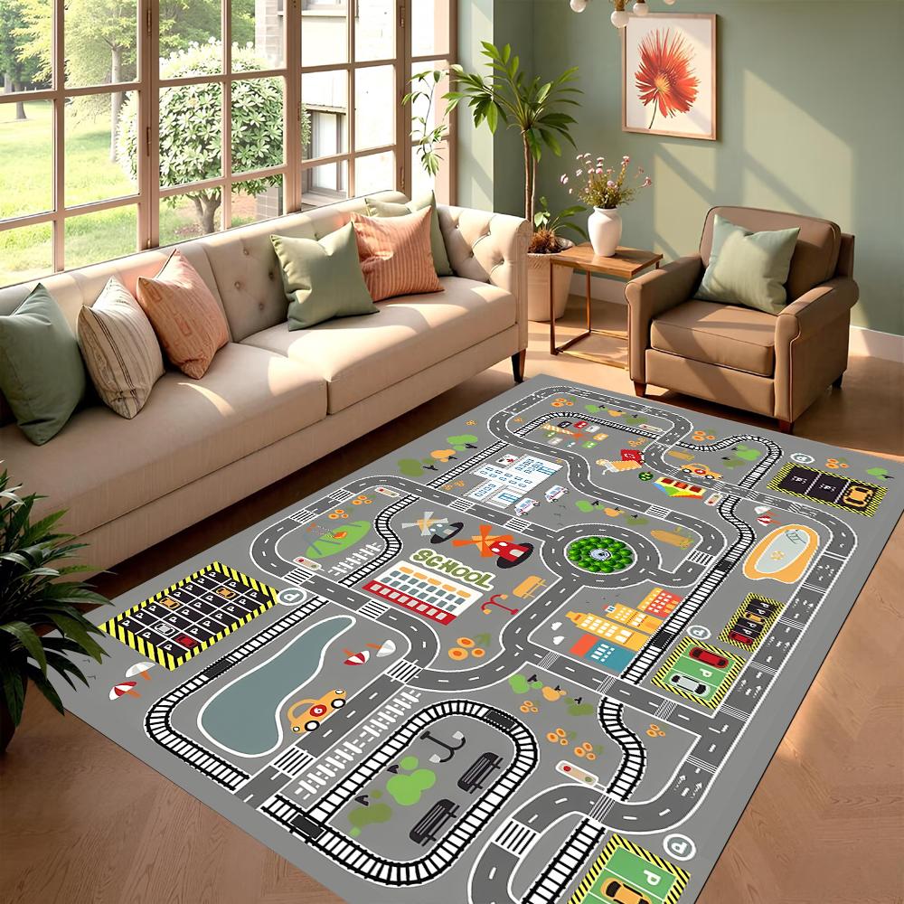 Kids City Traffic Road Game Area Rug Soft Non-Slip Playmat Road Car Park Print Indoor Decorative Carpet for Living Room Bedroom