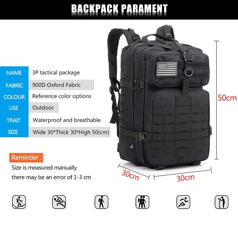 50L Capacity Men Army Military Tactical Large Backpack Waterproof Outdoor Sport Hiking Camping Hunting 3D Rucksack Bags For Men Oxford Material