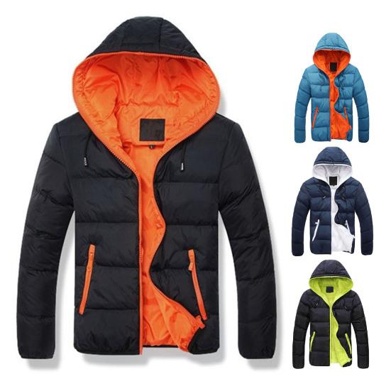 Men Winter Contrast Color Padded Jacket Hooded Drawstring Long Sleeve Pockets Zipper Placket Slim Thickened Warm Coat