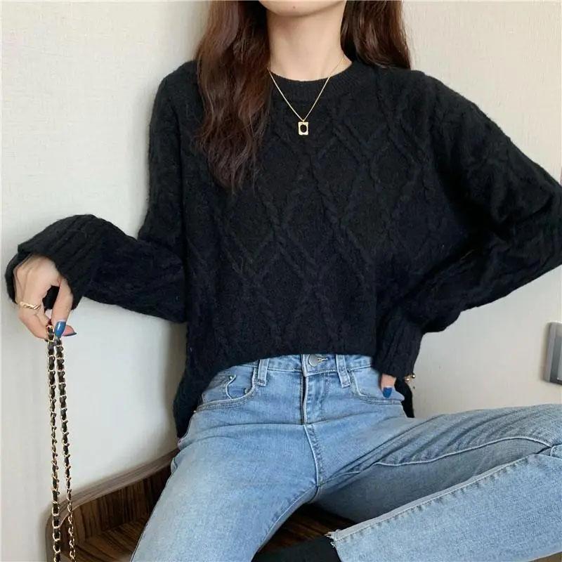 White Knitted Fried Dough Twist Women Sweater Loose Knit Pullover Simple Casual Commute Sweet Long Sleeve Top Bottoming Shirt