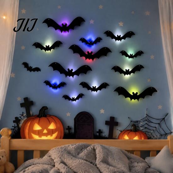 Scary Entrance Decor Halloween 3D Lighted Bat Wall Decor, Removable Felt Bats Stickers, Assorted Mounted Adornments Size, LED Glowing Clings