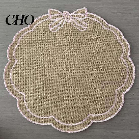 Large Dinner Placemat with Petal Shape And Bow Embroidery Table Mat Round Protector Heat Insulation Non-Slip Oil Resistant for Dining Room Durable