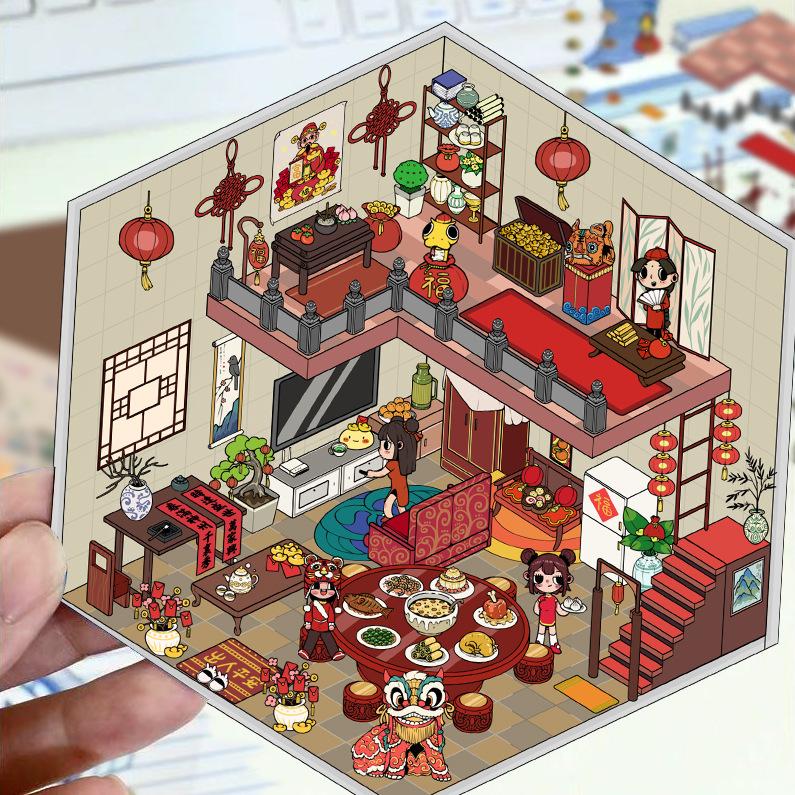 Cartoon Landscape Stickers Multiple Miniature World 3D Hut Unzip DIY Scene Manual Post