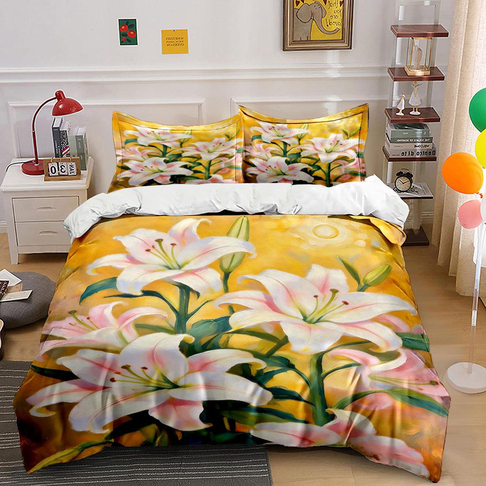 White lilies with leaves. Bedding sets Duvet cover sets Duvet covers Pillowcases(1 * Duvet Cover 2 * Pillowcases without duvet insert)