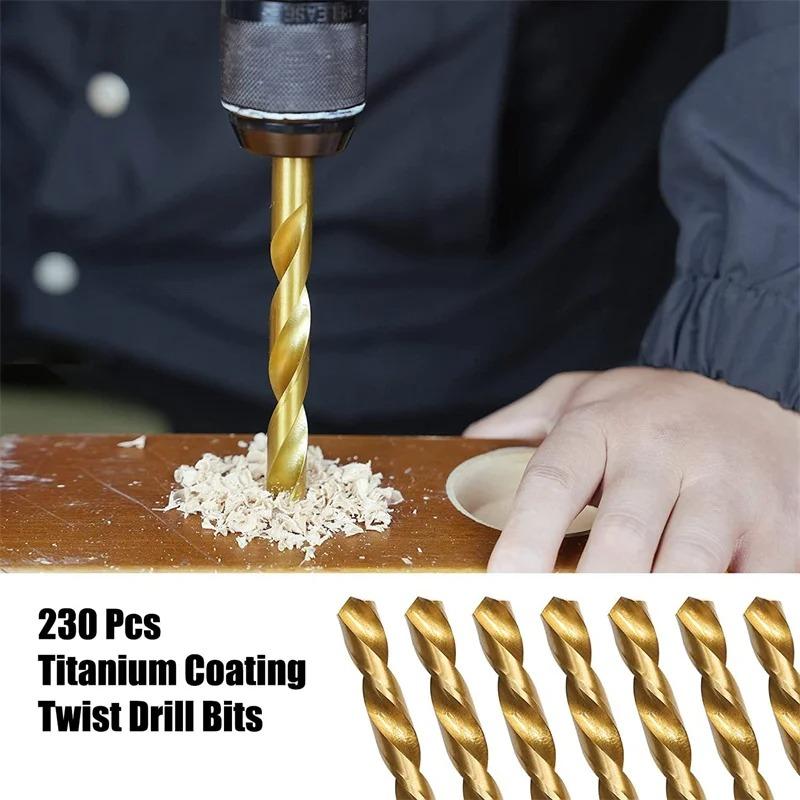 Набор из 230 спиральных сверл с титановым покрытием в футляре, метрические сверла с наконечником 135°, размер от 1,0 до 10 мм для деревообработки, пластиковых отверстий