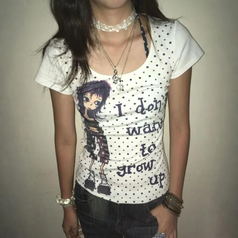 2KWEIRD Japanese Retro Subculture Cartoon Print T-shirts Summer Harajuku Polka Dot Short-sleeved Tees Women's Punk Hottie Slim-fit Tops