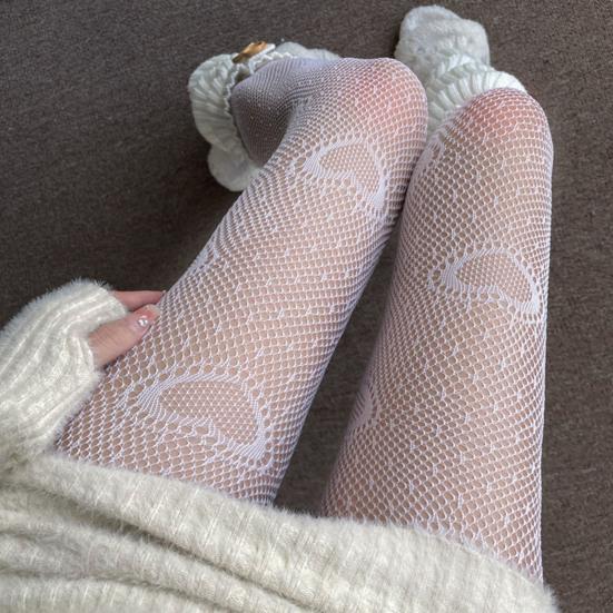 Ажурные чулки, ультратонкие декоративные белые женские колготки в сеточку с милым сердечком на весну и лето