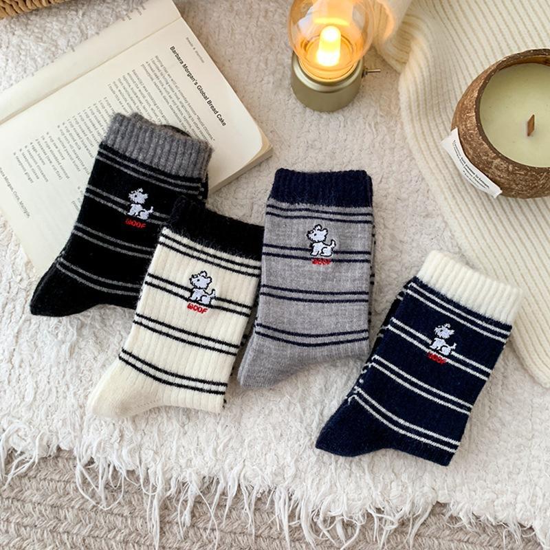 Socks Women Thickened Striped Embroidery Versatile College Stacks Socks Socks Winter