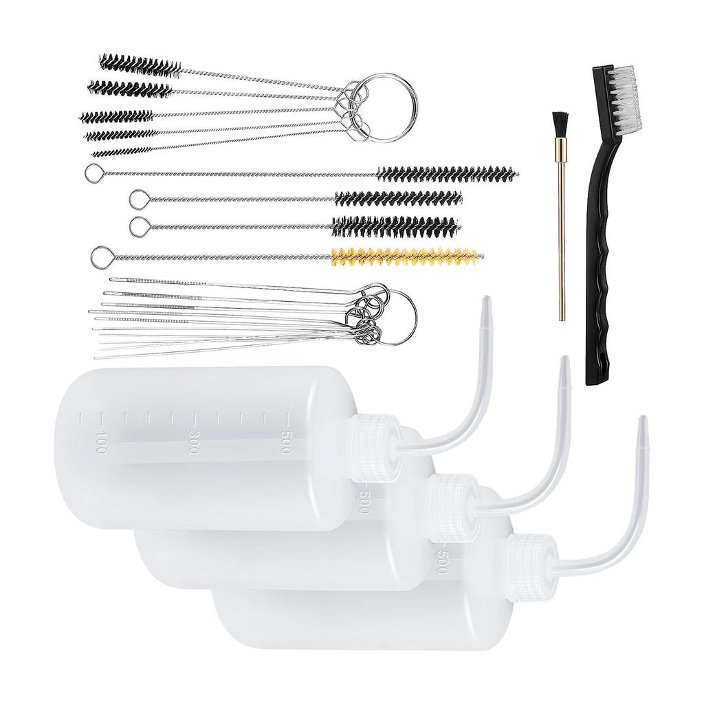 Набор для чистки портативного распылителя из 24 предметов включает 4 моющих бутылки с дозатором и 21 кисть для эффективного обслуживания краскопульта.