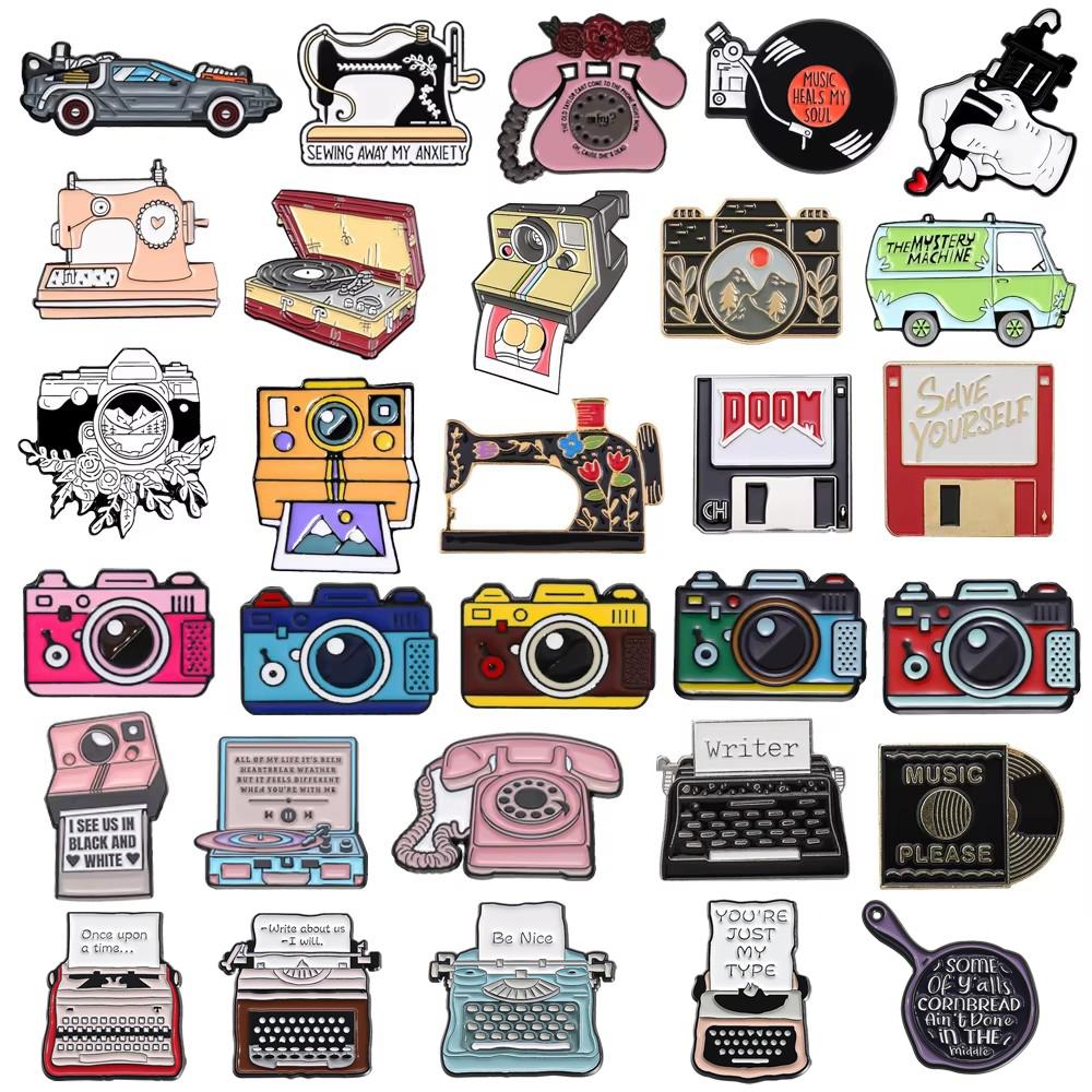 Cartoon Machine Metal Brooch Car Sewing Machine Phone Music CD Typewriter Camera Ruler Storage Card Badge Punk Pins Jewelry Gift