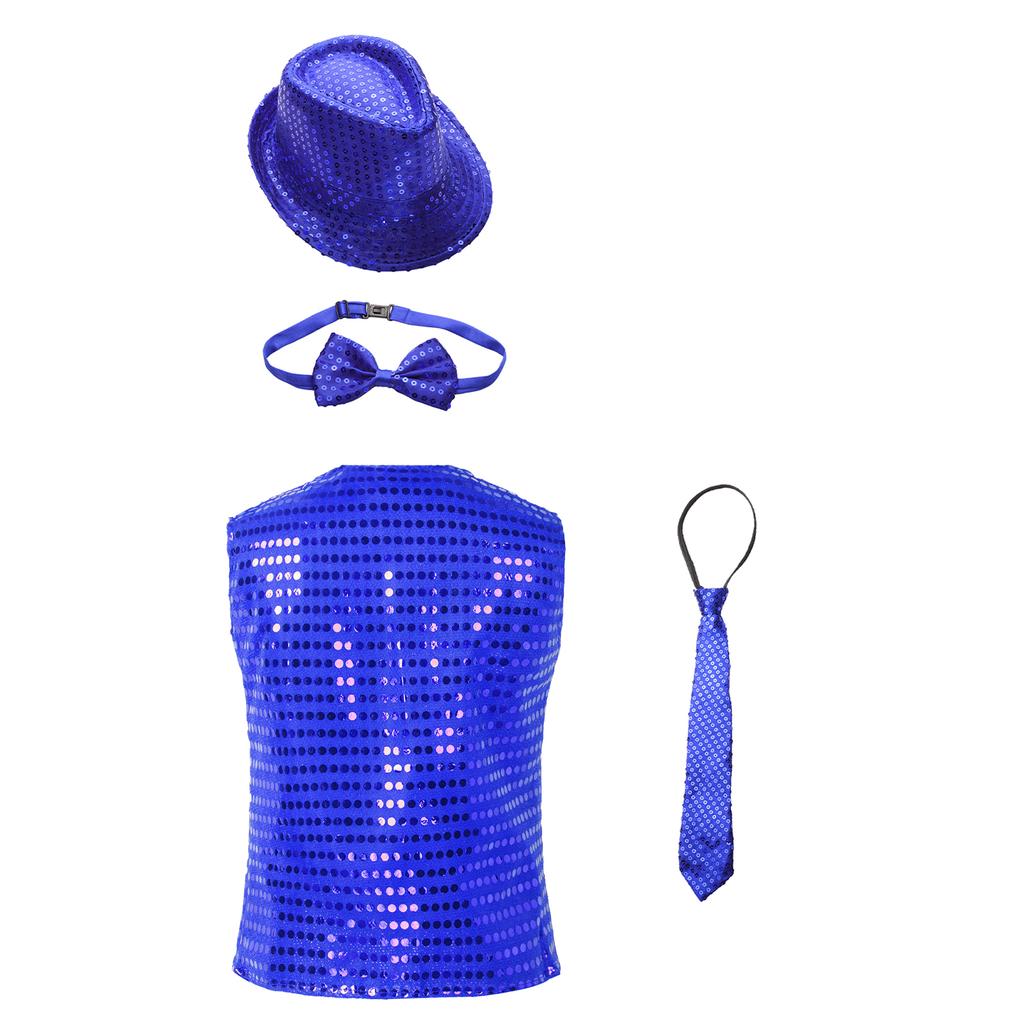 Boys Glittery Dance Vest Sleeveless V Neck Sequin Buttons Vest Set with Hat Bowtie for Jazz Stage Performances