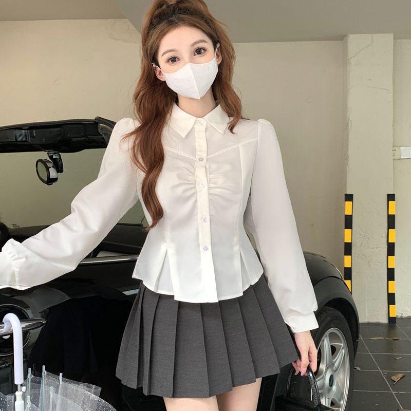 Белая укороченная рубашка женская корейский стиль универсальный повседневный дизайн рубашки и блузки Jk женская мода тонкий офисная блузка на пуговицах