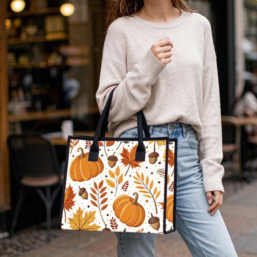 Autumn Pumpkin Maple Leaf Print Portable Casual Daily Tote Bag for Women
