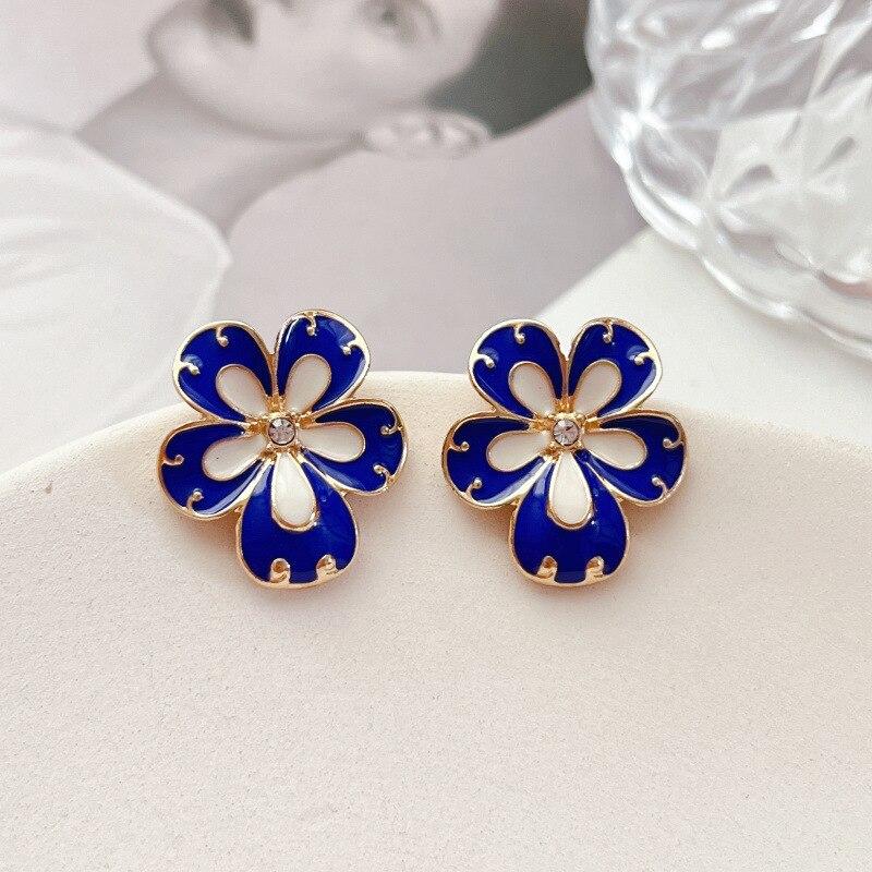 Pinkdudu New French Vintage Court Blue Flower Enamel Brooch 925 Silver Needle Stud Earrings for Women Jewelry PD1010